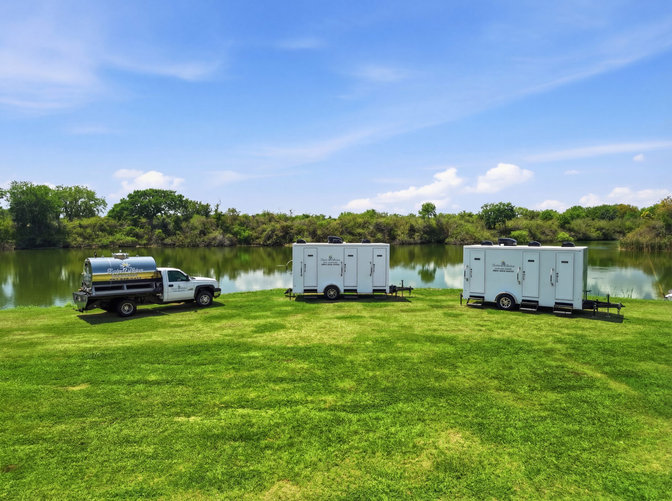 Front of Luxury restroom trailers and service truck